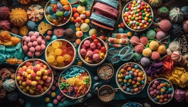 Foto lebendige sammlung von gourmet-süßigkeiten, ein farbenfrohes genussfest, generiert von ki