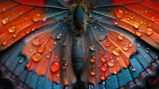 Lebendige Schmetterlingsflügel glänzen mit Tautropfen Natur Schönheit in Nahaufnahme Lebendige Farben und Muster in Wildtierfotografie KI