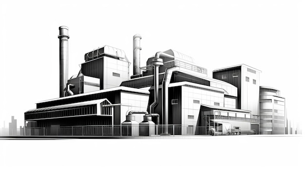 Lebendige Schwarz-Weiß-Fabrikzeichnung mit scharfen Linien
