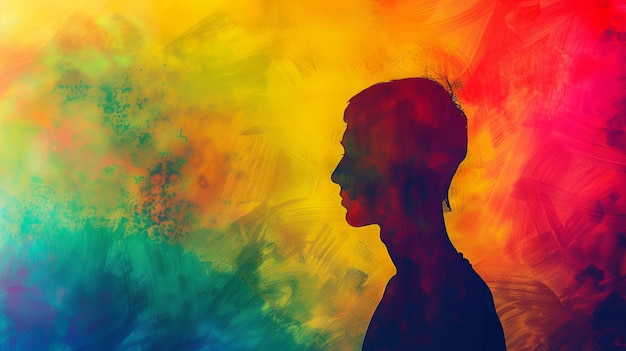 Lebendige Silhouette eines jungen Erwachsenen auf einem farbenfrohen abstrakten Hintergrund