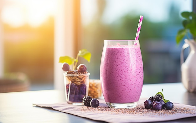 Lebendige Smoothies mit realistischen Texturen auf generativer KI im sonnenbeschienenen Tisch