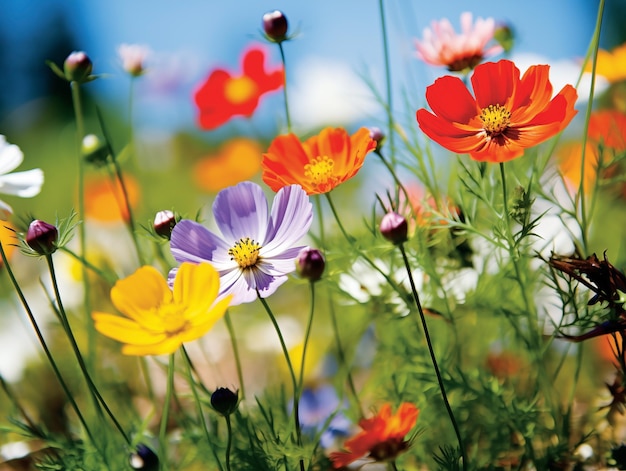 Lebendige Sommerblumen in voller Blüte vor einem klaren blauen Himmel