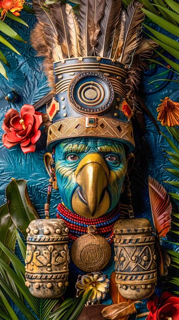 Foto lebendige stammesmaske mit exotischen federn und details auf tropischem blattgrund für kulturelle zwecke