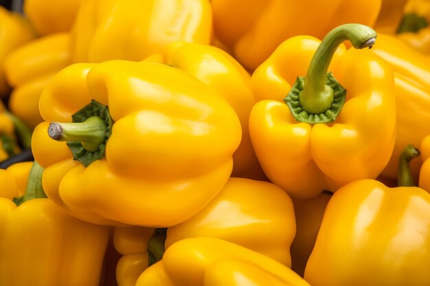 Lebendige Stapel Eine faszinierende Nahaufnahme eines Stapels gelber Paprika