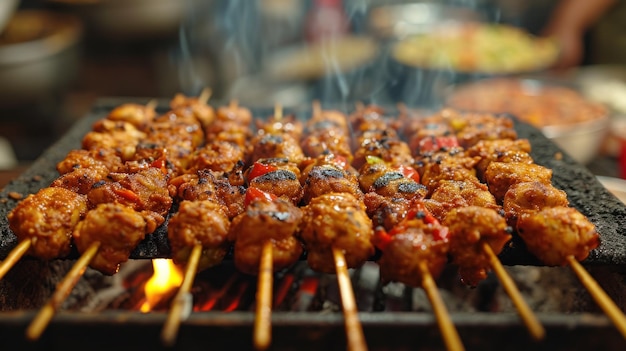 Lebendige Streetfood-Szene mit grillenden Grills, exotischen Gewürzen und verlockenden Leckereien