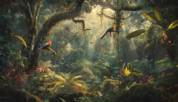 Lebendige Tiere, die auf einem von KI erzeugten tropischen Regenwaldzweig sitzen