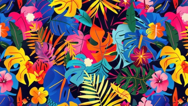 Lebendige tropische Blätter und Blumenmuster auf dunklem Hintergrund mit kräftigen Farben und lebhaften Mustern Perfekt für Sommerthemen und botanische Illustrationen