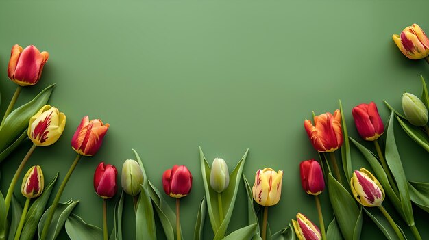 Lebendige Tulpen auf einem grünen Hintergrund Blumenarrangement für den Frühling Perfekt für Grußkarten und Einladungen Stock Image AI