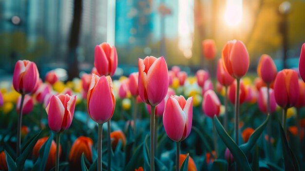 Foto lebendige tulpen blühen im stadtpark ein farbenfroher und ruhiger anblick im frühling