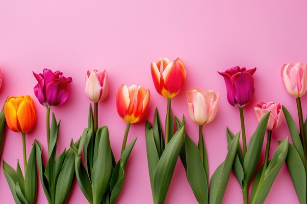 Lebendige Tulpen in flachem Stil auf rosa Hintergrund angeordnet