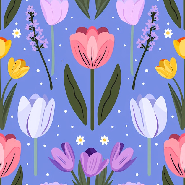 Lebendige Tulpen und Blumen auf ruhigem blauem Hintergrund nahtloses Frühlingsmusterdesign