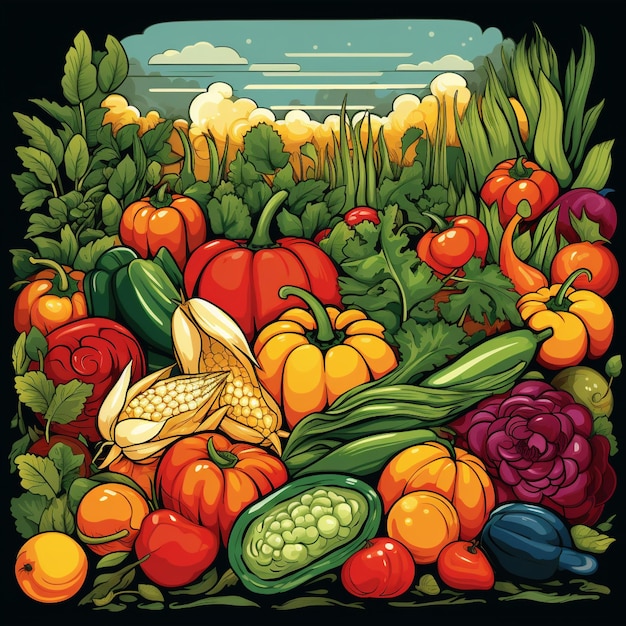 Lebendige und auffallende Darstellung von Obst und Gemüse, die sich in einem üppigen Garten verflochten