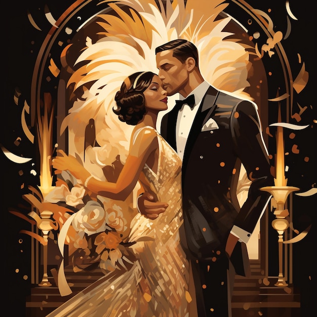 Lebendige und glamouröse Art-Deco-Inspiration von Gatsby Hochzeitskleidung Illustration