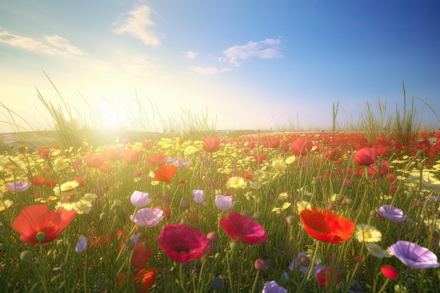 Lebendige und leuchtende Blumen auf einem Feld mit fotorealistischen Landschaften im Frühling und Sommer. Helfen Sie, den Planeten zu retten. Generative KI