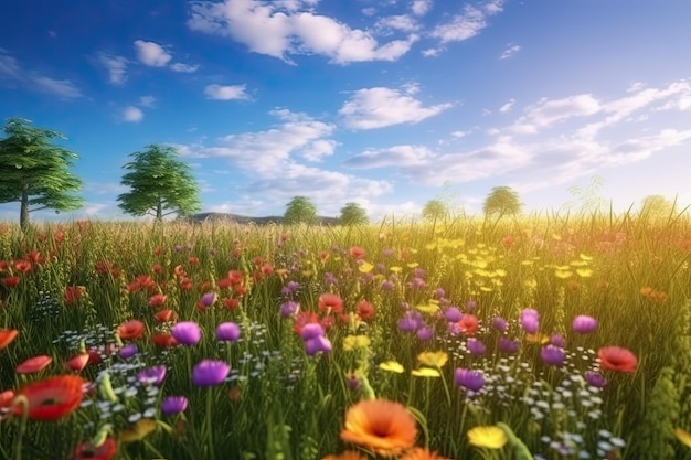 Lebendige und leuchtende Blumen auf einem Feld mit fotorealistischen Landschaften im Frühling und Sommer. Helfen Sie, den Planeten zu retten. Generative KI