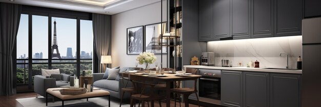 Lebendige und spielerische Innenarchitektur von Studio-Wohnung mit modernem Wohnzimmer und Küche