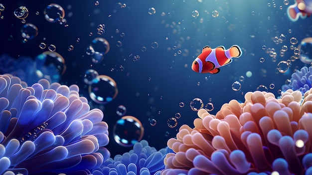 Lebendige Unterwasserszene mit Zeichentrickfischen, Korallenriffen und Blasen farbenfrohe digitale Illustration perfekt für Kinderbücher KI