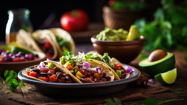 Foto lebendige vegetarische tacos mit einer vielzahl von frischen toppings