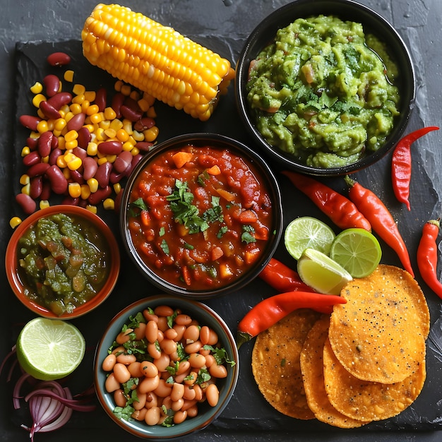 Lebendige Verbreitung der mexikanischen Küche mit Salsa Guacamole und Bohnen auf einer Schieferoberfläche