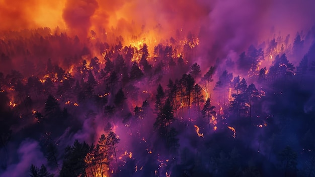 Lebendige Waldbrände von oben bei Sonnenuntergang, brennende Bäume mit orangefarbenem und lila Himmel als Hintergrund