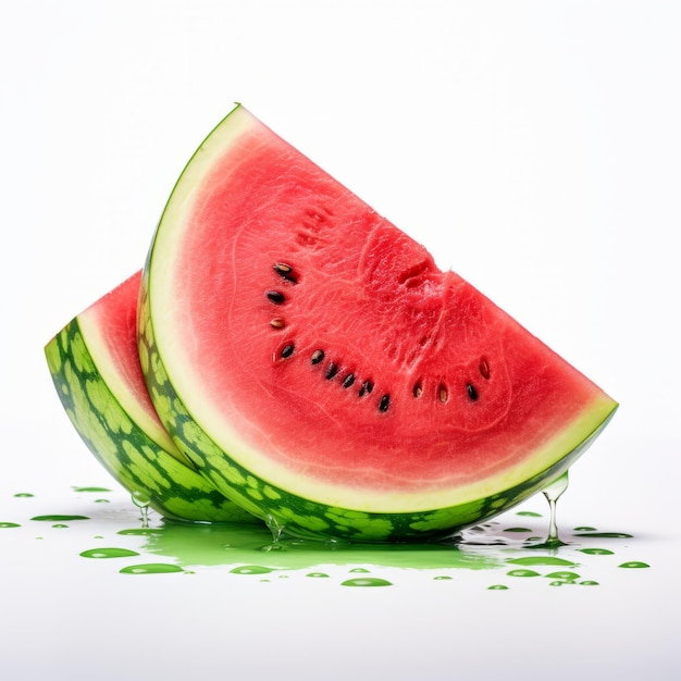 Lebendige Wassermelonen-Komposition, detailliertes 8k-Foto auf weißem Hintergrund
