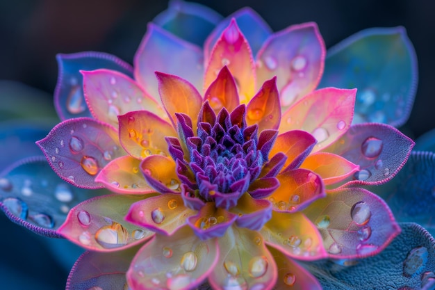 Lebendige Wassertropfen auf bunten Lotusblütenblättern in einem üppigen Botanischen Garten bilden ein Symbol