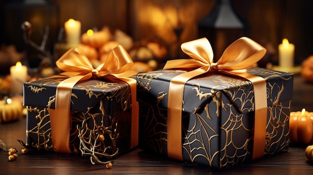 Lebendige Weihnachtsgeschenke mit goldenen Bändern und feierlichen Kürbissen Ein Meisterwerk der generativen KI
