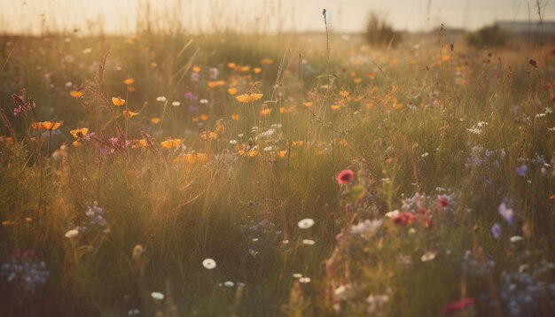 Lebendige Wildblumenblüte auf einer ruhigen, ländlichen Wiese, generiert durch KI