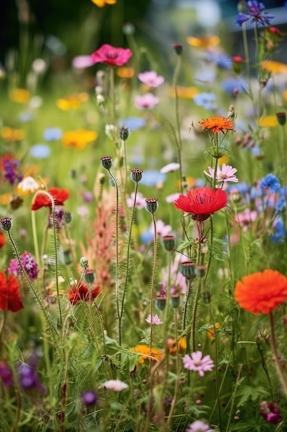 Lebendige Wildblumenwiese mit selektivem Fokus, die mit generativer AI geschaffen wurden