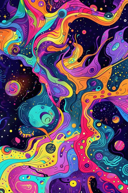 Lebendiger abstrakter psychedelischer Hintergrund mit wirbelnden Mustern in fettfarbigen Farben ideal für kreative Projekte Poster oder Y2K-inspirierte Designs Optische Illusion Vertikales Format Generative KI