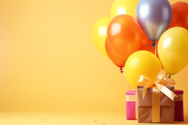 Lebendiger Ballonstrauß mit gebundener Geschenkbox. Generative KI
