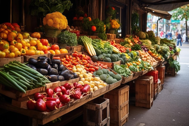 lebendiger Bauernmarkt mit verschiedenen Obst- und Gemüseständen