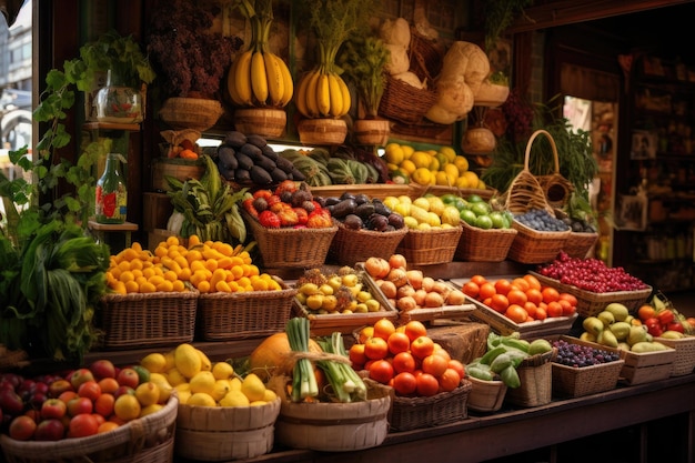 lebendiger Bauernmarkt mit verschiedenen Obst- und Gemüseständen