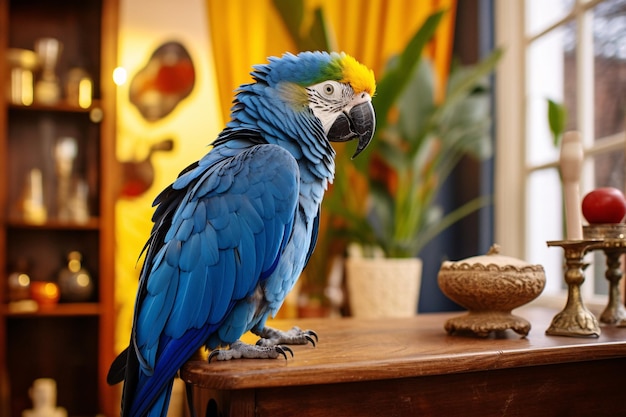 Lebendiger blauer und gelber Papagei, der auf einem Tisch sitzt und mit generativer KI leicht erkennbar ist