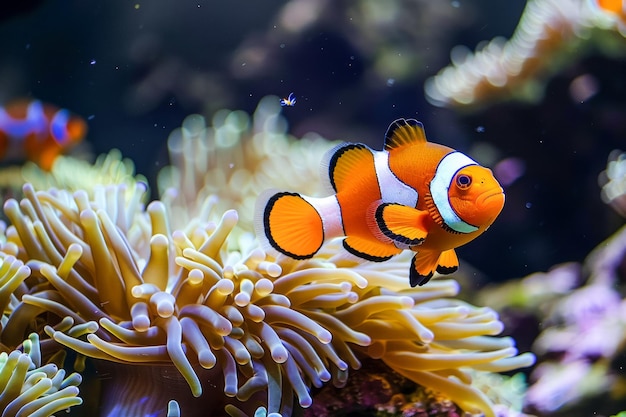 Lebendiger Clownfisch inmitten farbenfroher Seeanemone in einer ruhigen Unterwasserlandschaft