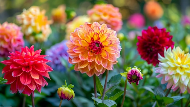 Lebendiger Dahlia-Garten mit einer Vielzahl farbenfroher Blüten in voller Blüte Naturblumen