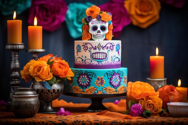 Lebendiger Dia de los Muertos-Kuchen, geschmückt mit Zuckerschädeln und Marigolds