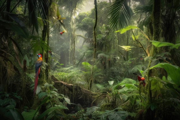 Lebendiger Dschungel mit dichter Flora und Fauna, einschließlich farbenfroher Vögel, die mit generativer KI geschaffen wurden