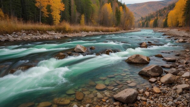 Lebendiger Fluss inmitten des Herbstwaldes