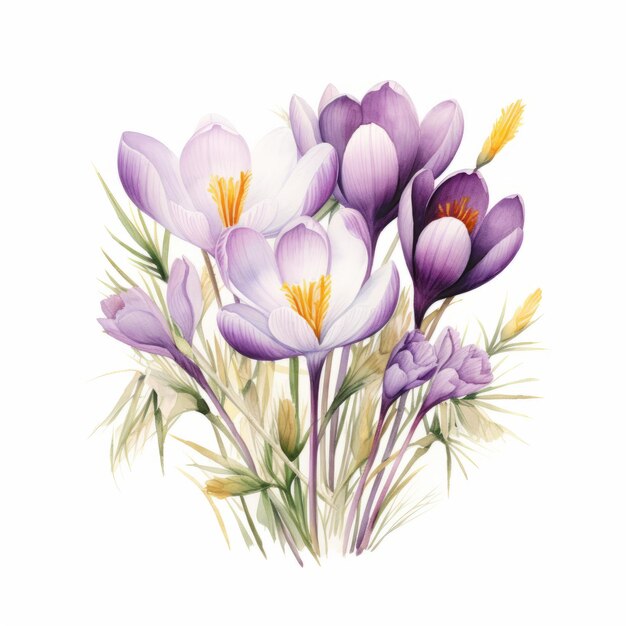 Lebendiger Frühlings-Crocus-Bouquet Realistische Aquarell-Mode-Illustration