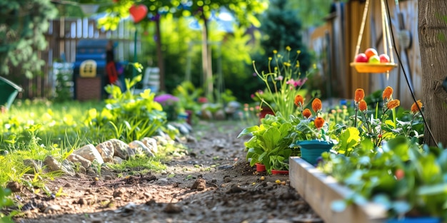 Foto lebendiger garten im hinterhof mit bunten blumen und einem spielhaus im hintergrund