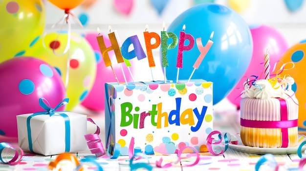 Lebendiger Geburtstag mit Kuchen, Ballons und Geschenken