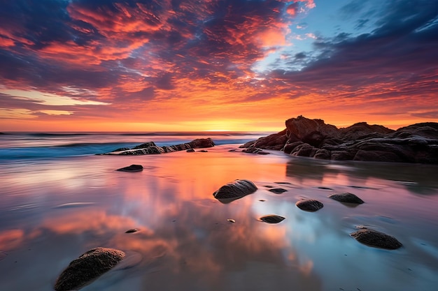Lebendiger Himmel und seidiges Wasser beim Sonnenuntergang an der Küste