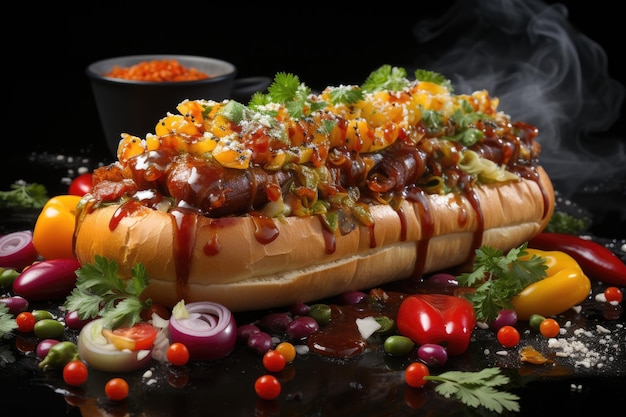 Lebendiger Hot Dog auf dem Nachtmarkt, eine Explosion von Farben und Aromen, generativ IA