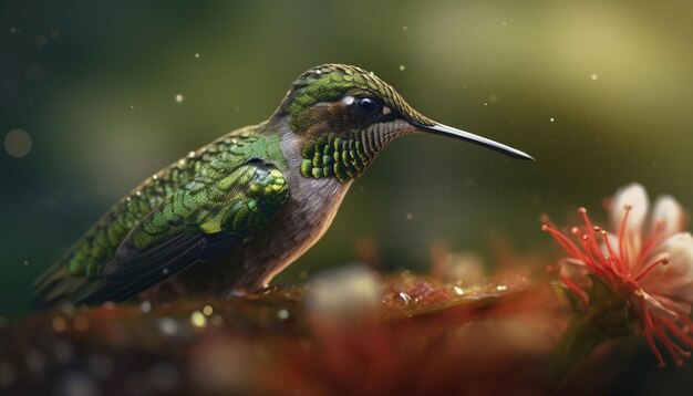 Lebendiger Kolibri, der auf einem grünen Ast sitzt und dessen schillernde Federn durch künstliche Intelligenz erzeugt werden