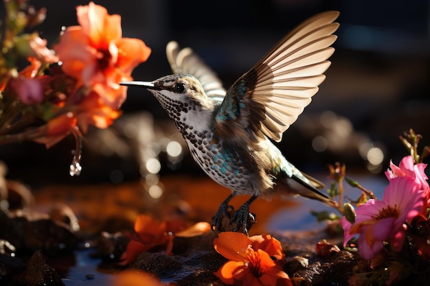 Lebendiger Kolibri inmitten farbenfroher Blumen generative IA