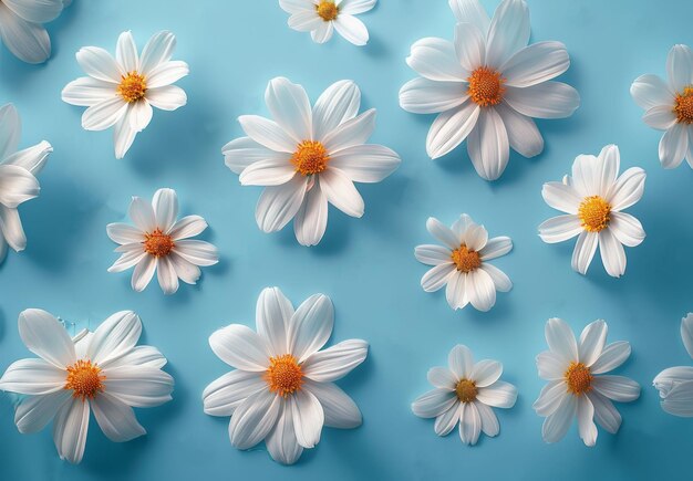 Lebendiger Kosmos und Gänseblümchen, die auf einem ruhigen blauen Hintergrund schwimmen