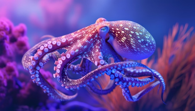 Lebendiger Oktopus, der durch Korallenriffe gleitet Digitale Kunst-Illustration Meeres-Wildtiere in lebhaften Farben dargestellt KI