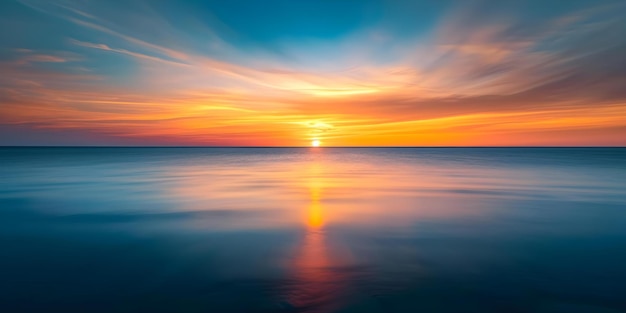 Lebendiger orange und blauer Sonnenuntergang Malerei des Himmels an einem ruhigen Strand Konzept Sonnenuntergangsfotografie Strandlandschaft Orange und blaue Farben Naturlandschaft ruhige Stimmung