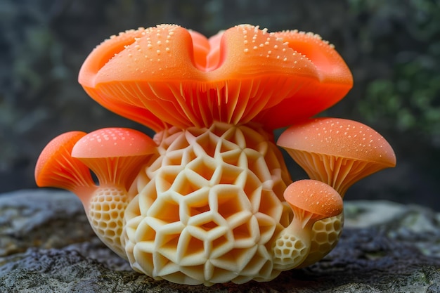 Lebendiger Orangenpilzhaufen auf einer natürlichen Felsoberfläche im Wald